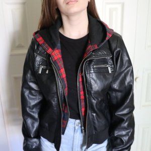 faux leather bomber jacket with plaid hood